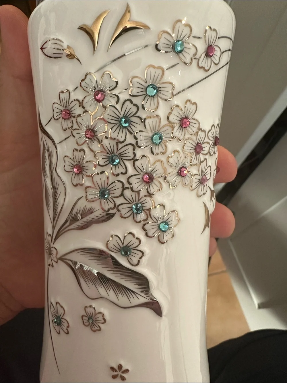 Decorative White Ceramic Tumbler Vase with Silver Accents
